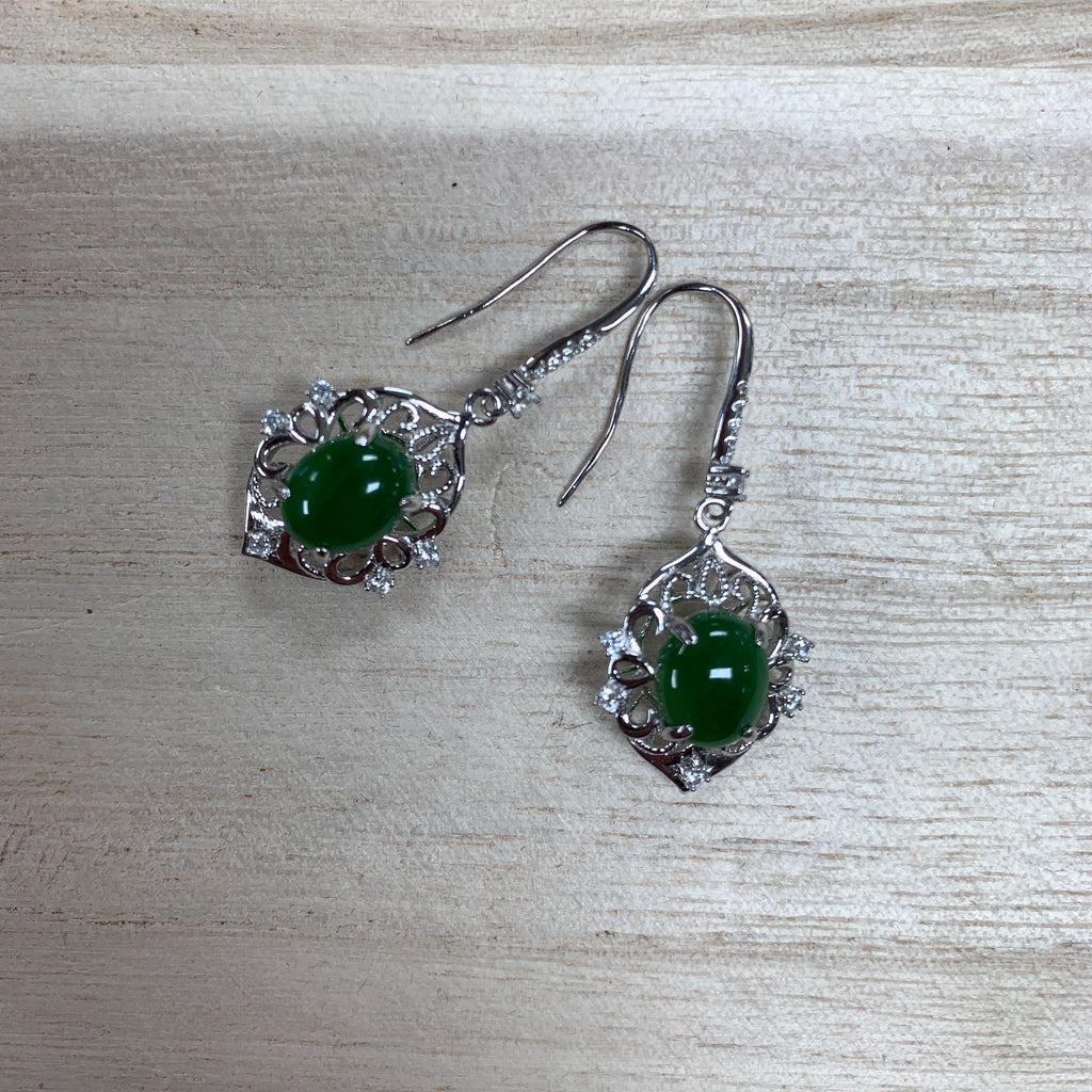 Jade Oval Vintage Sterling Silver Dangle Earrings
