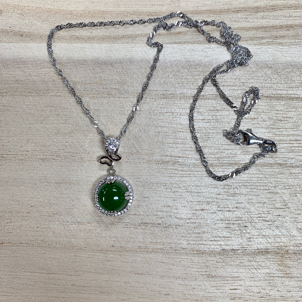 Jade and sterling silver necklace with cz and butterfly accents