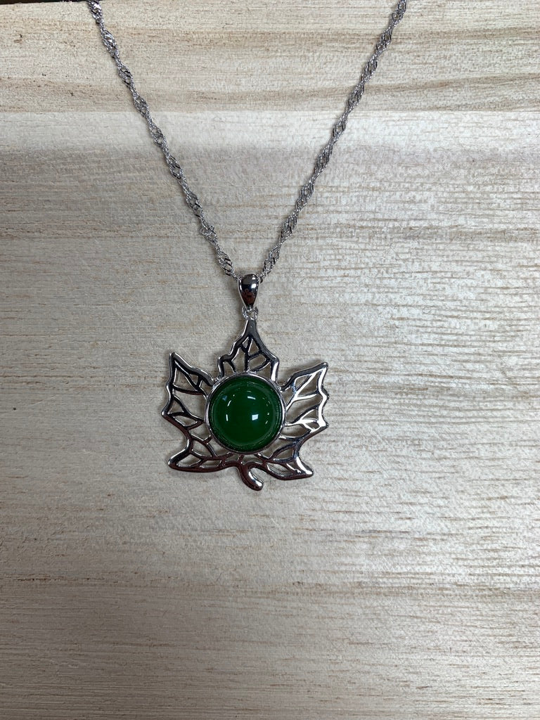 Jade and Sterling Silver Maple Leaf with Veining Necklace
