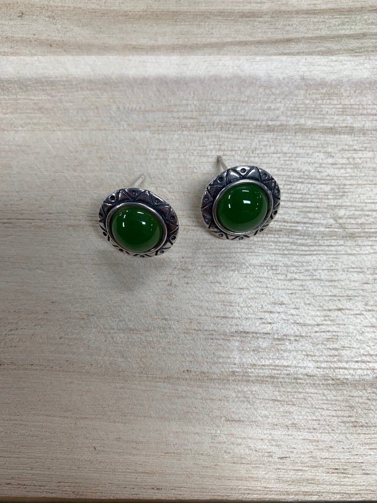 Jade and Sterling Silver Studs with Geometric Design