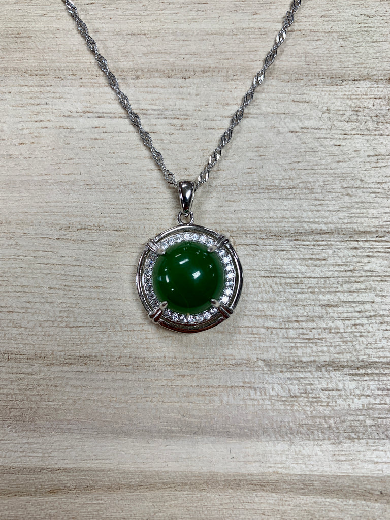 Jade and Sterling Silver Round Necklace with CZ