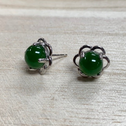 Jade and sterling silver flower stud earrings