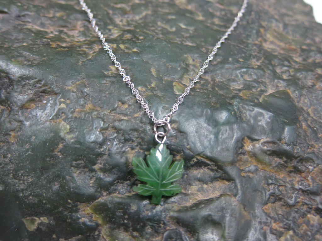 Jade Maple Leaf Pendant Necklace with Silver Chain