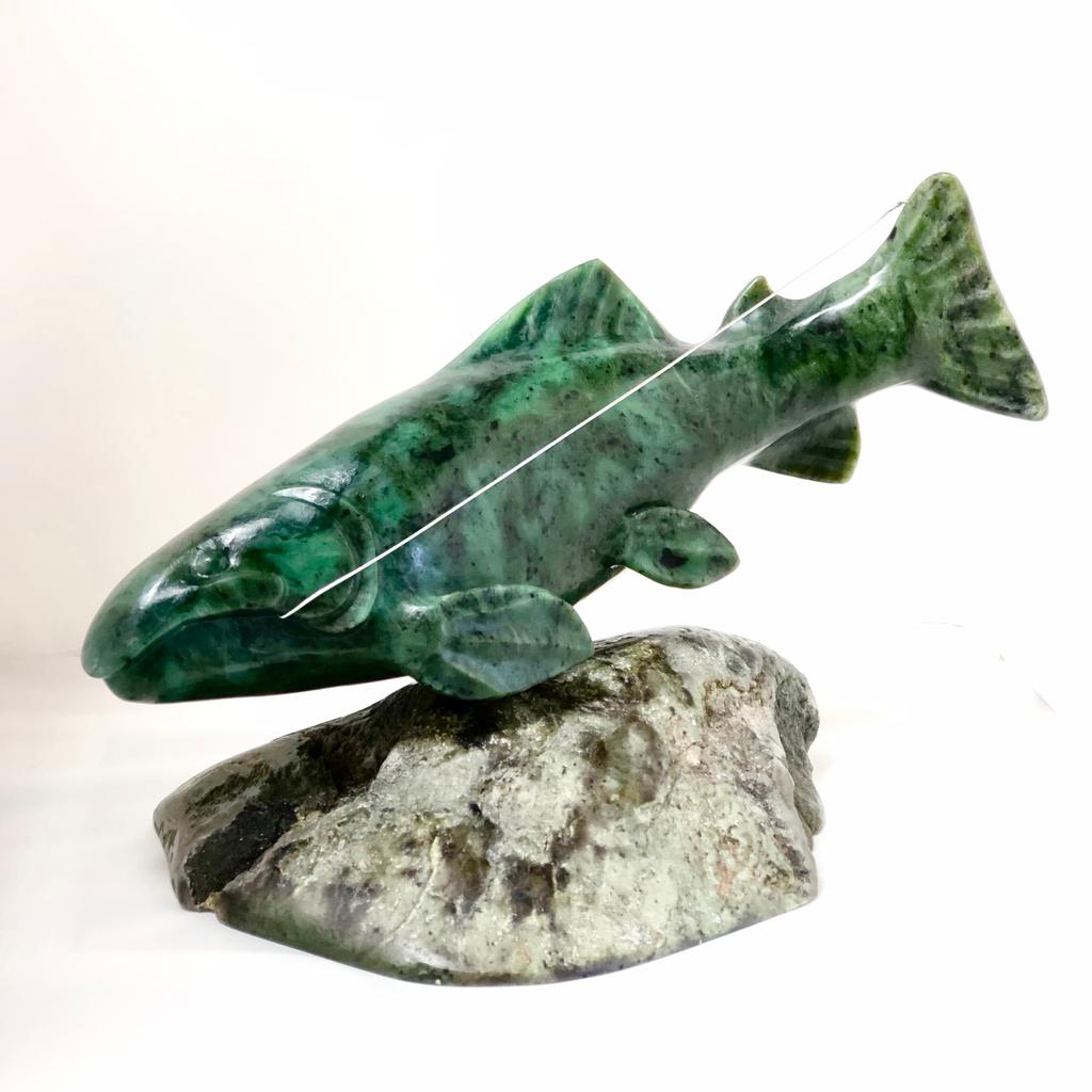 Jade salmon on jade base, made in Jade City
