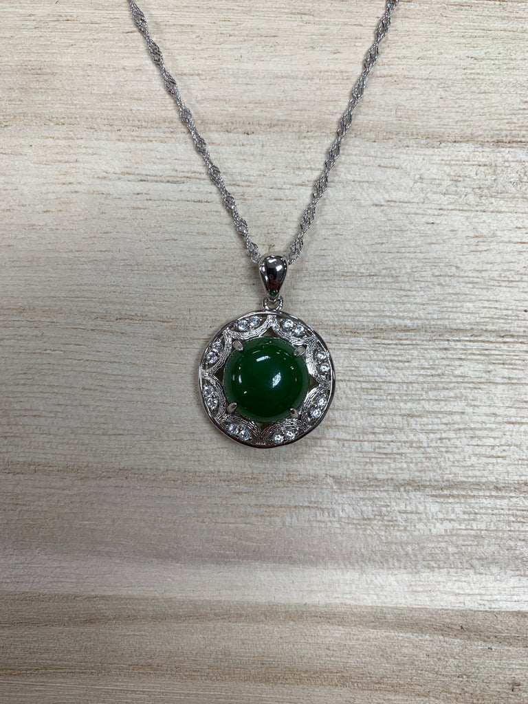 Jade Round Pendant with CZ accent and sterling silver setting