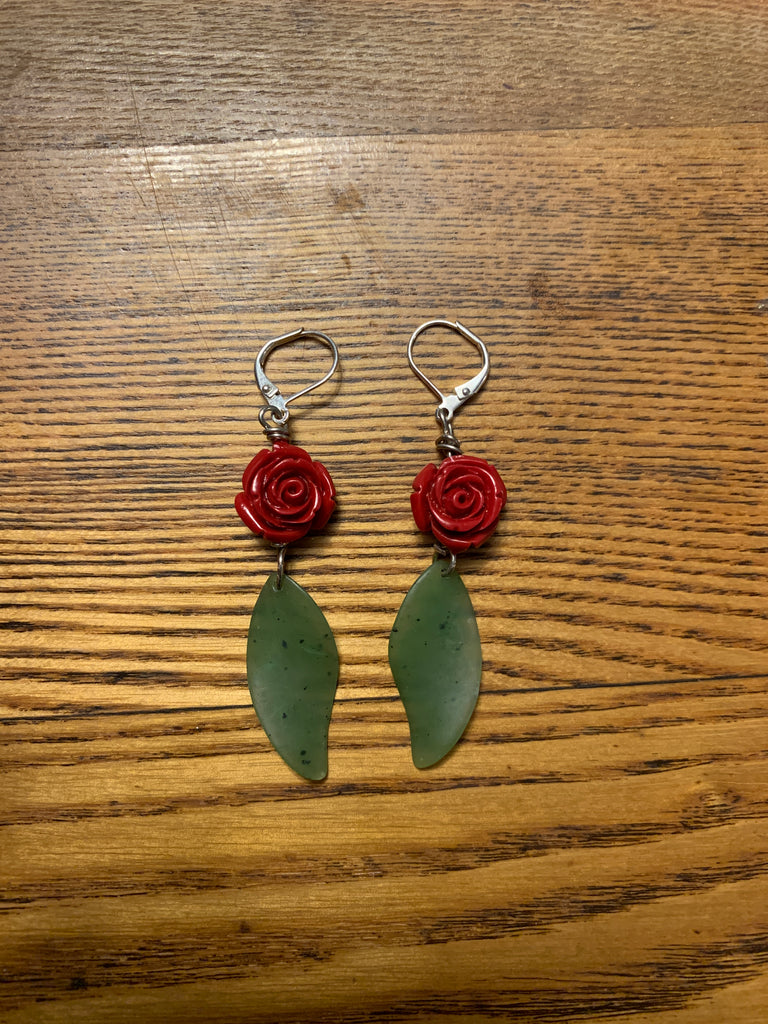 Rose and Jade Leaf Earrings