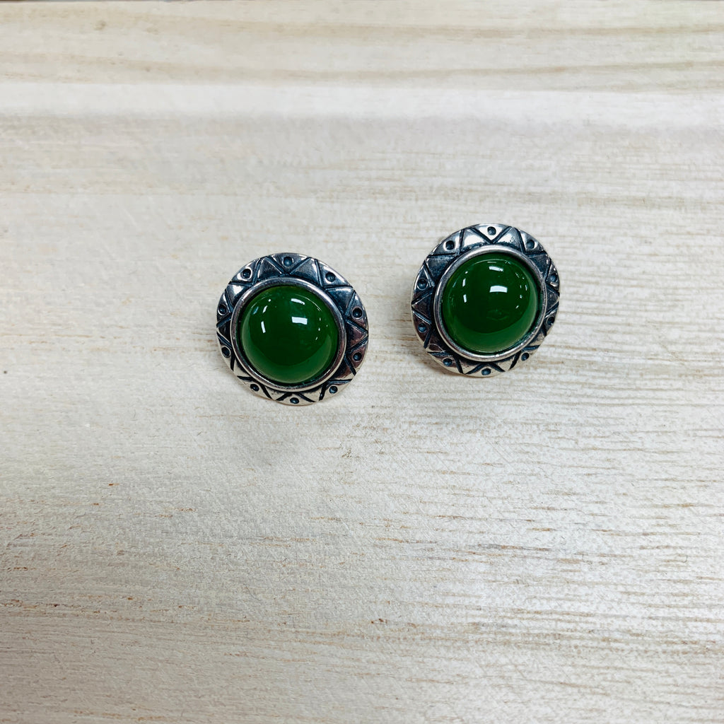 Jade and Sterling Silver Studs with Geometric Design