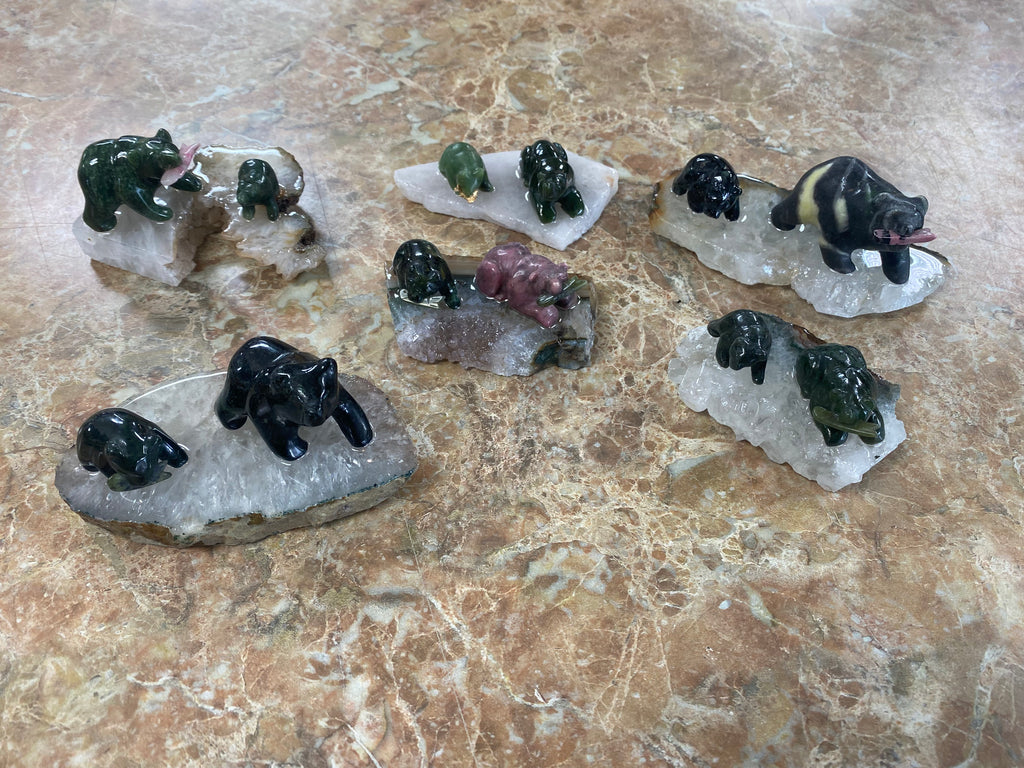 Jade Grizzly Mom and Cub on Quartz Base with Fish