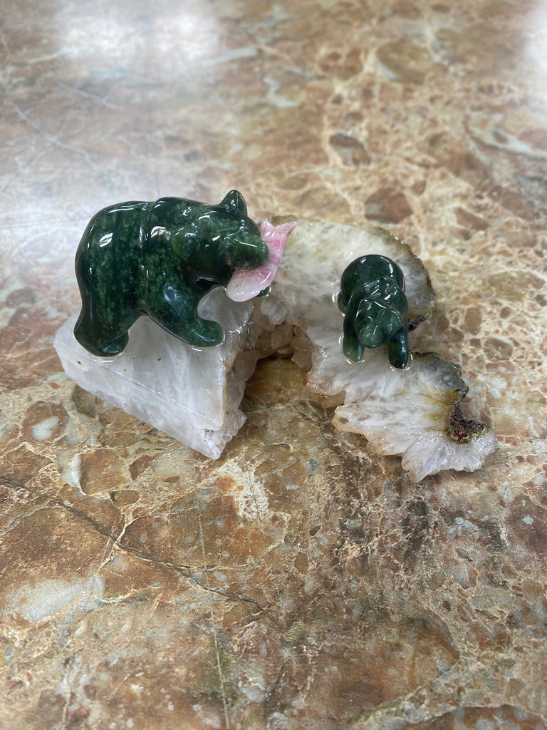 Jade Grizzly Mom and Cub on Quartz Base with Fish