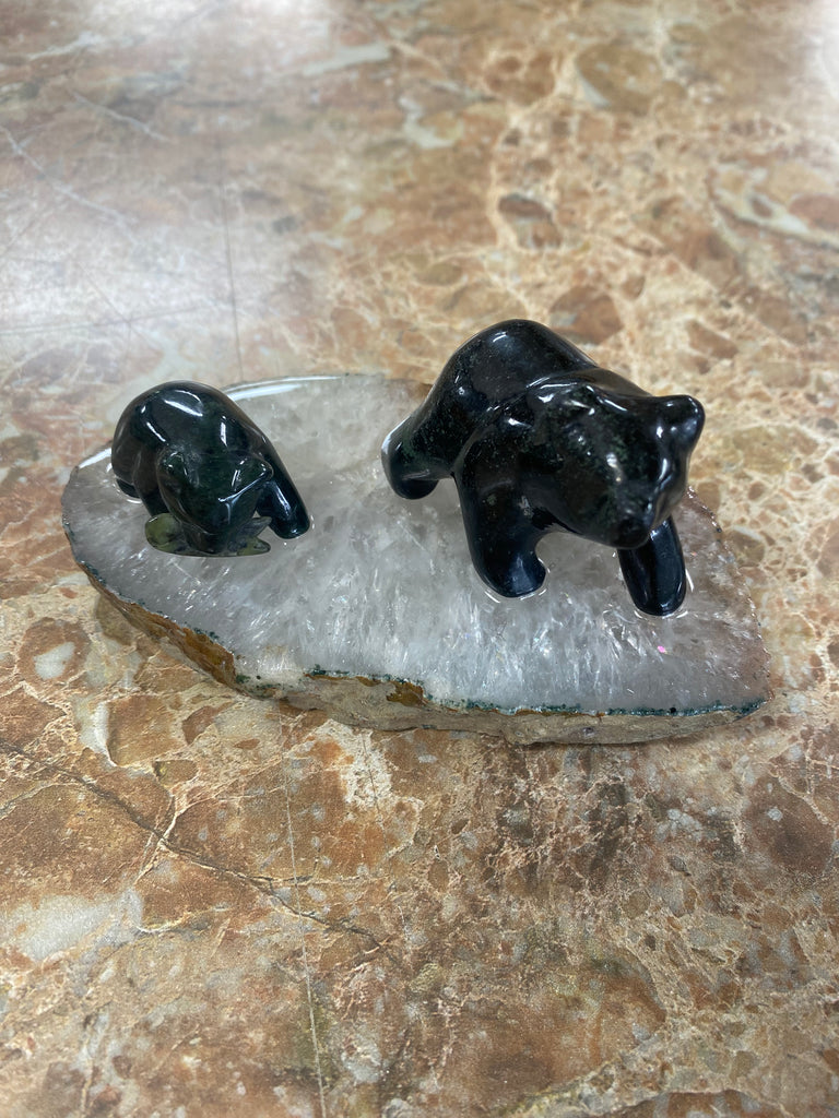 Jade Grizzly Mom and Cub on Quartz Base with Fish