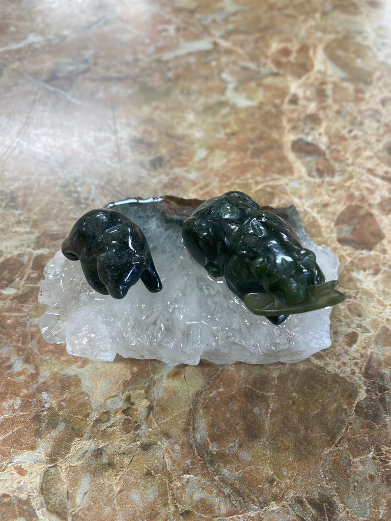 Jade Grizzly Mom and Cub on Quartz Base with Fish