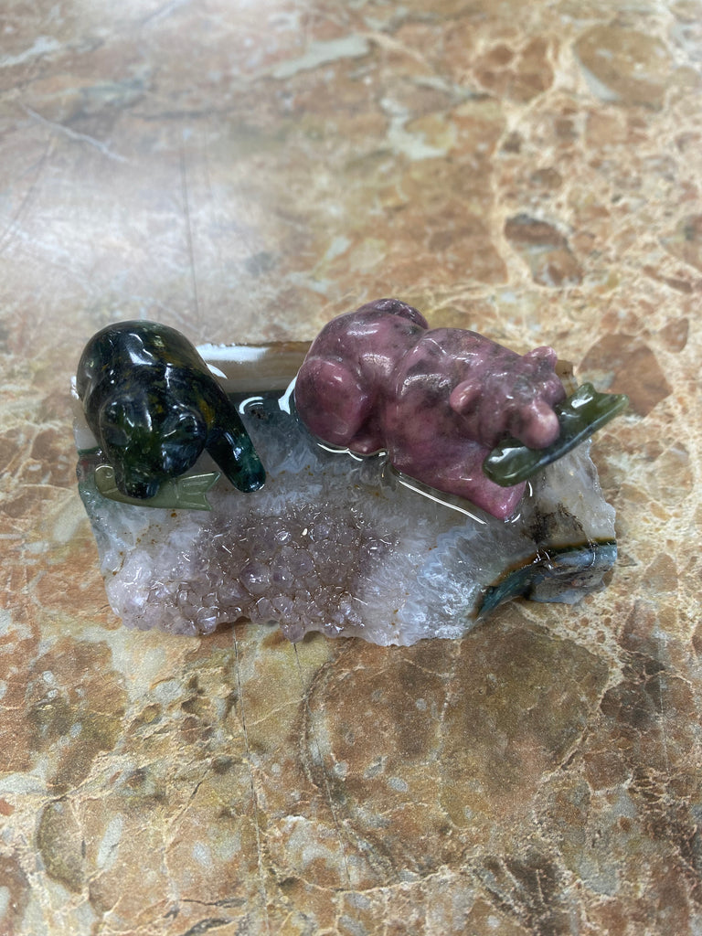 Jade Grizzly Mom and Cub on Quartz Base with Fish