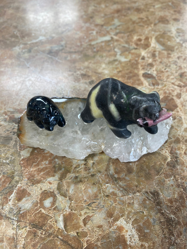 Jade Grizzly Mom and Cub on Quartz Base with Fish