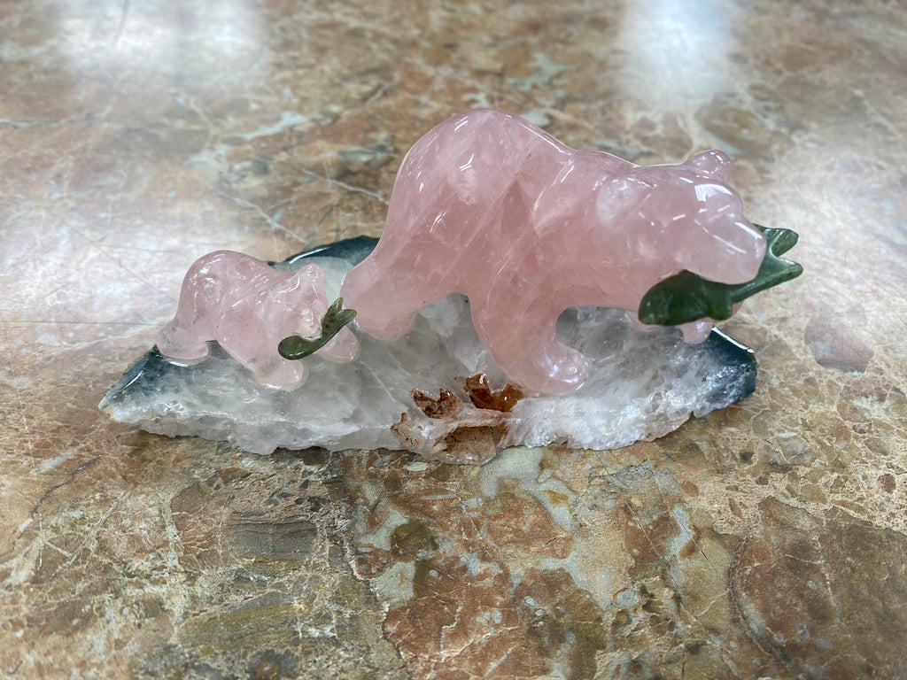 Rose Quartz Mom Bear with a Baby on Agate Base