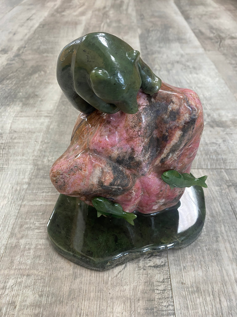 Jade Bear on Rhodonite Base with Jade Fishes