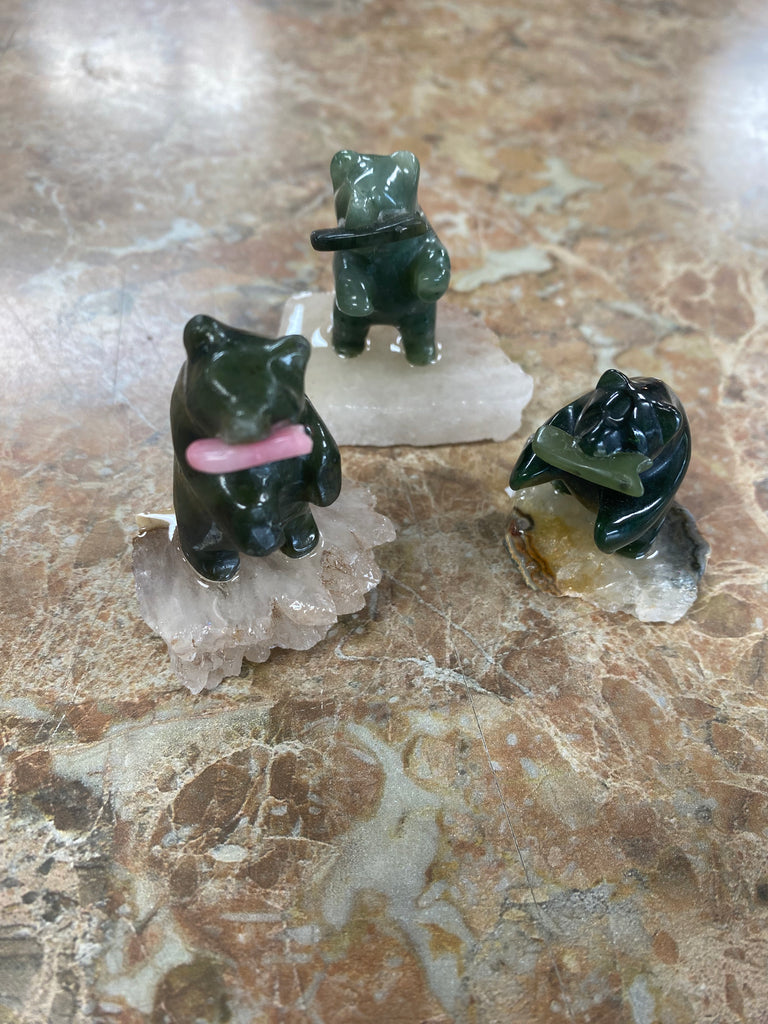 Standing Jade Bear With a Fish on Agate Base