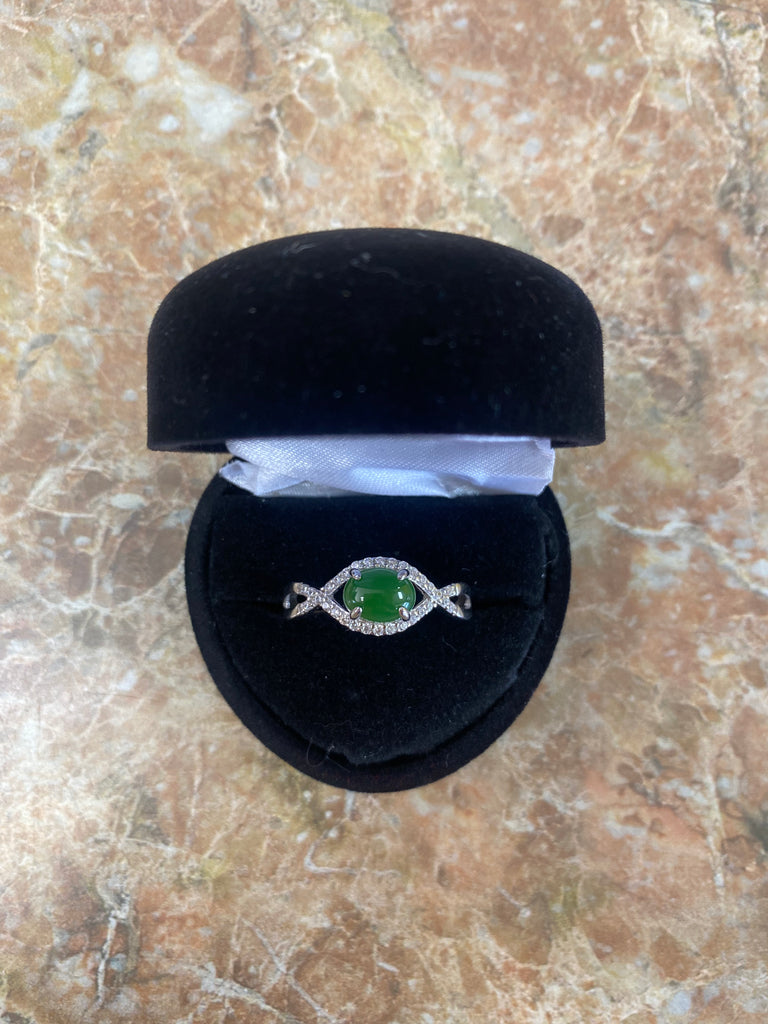 Jade oval and cubic zirconia infinity ring jade cabochon is 6x8 mm