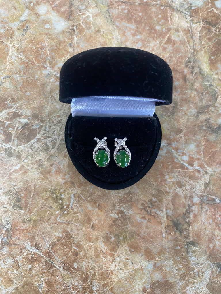 Jade oval and cubic zirconia stud earrings, sterling silver