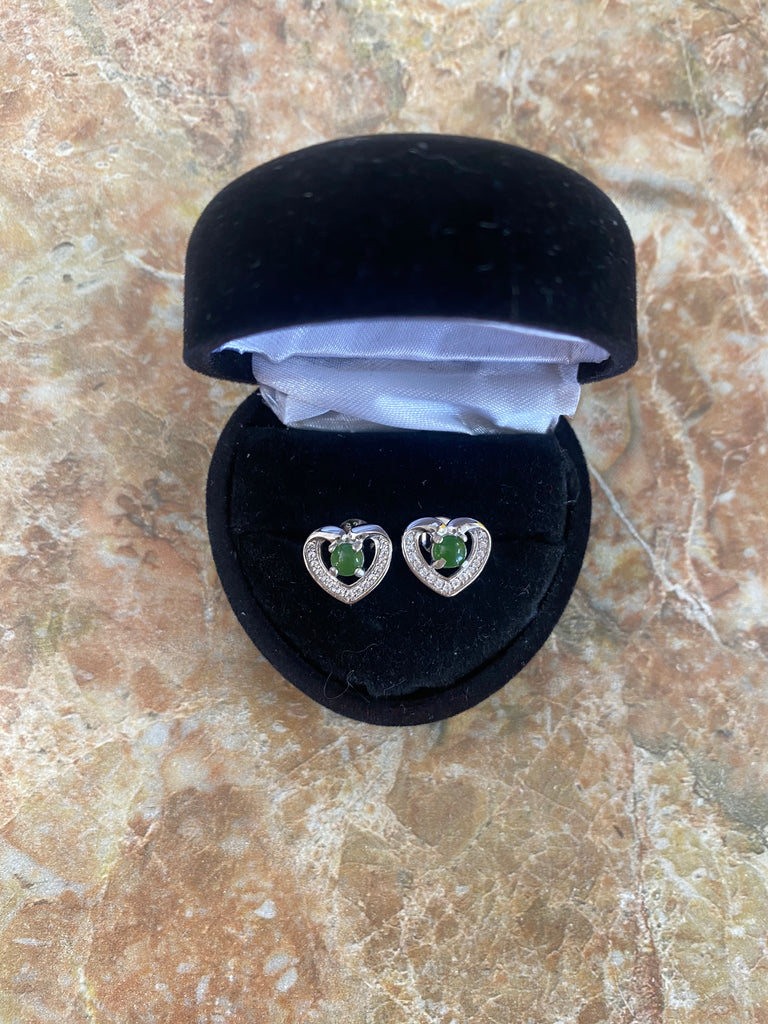 Heart Stud earrings with 4 mm round jade cabochon