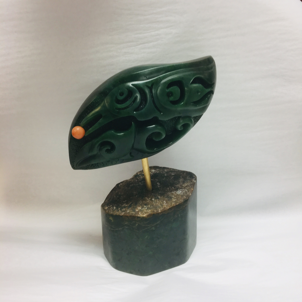 JADE RAVEN AND MOON CARVING ON JADE BASE