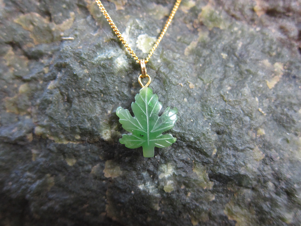 Jade Maple Leaf Pendant Necklace with Gold Chain