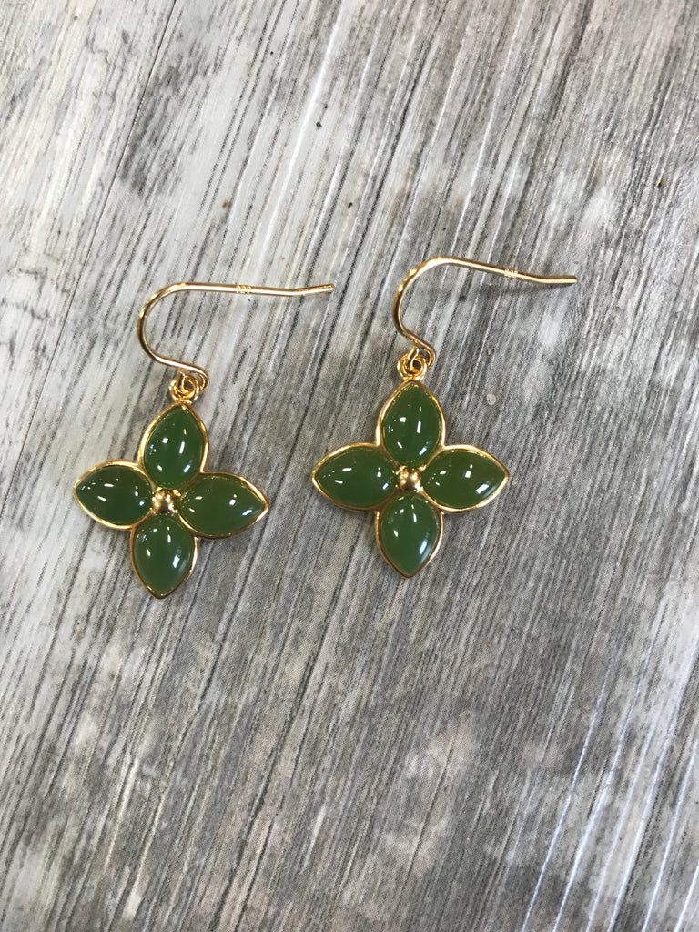 Jade and Gold Flower Dangle Earrings