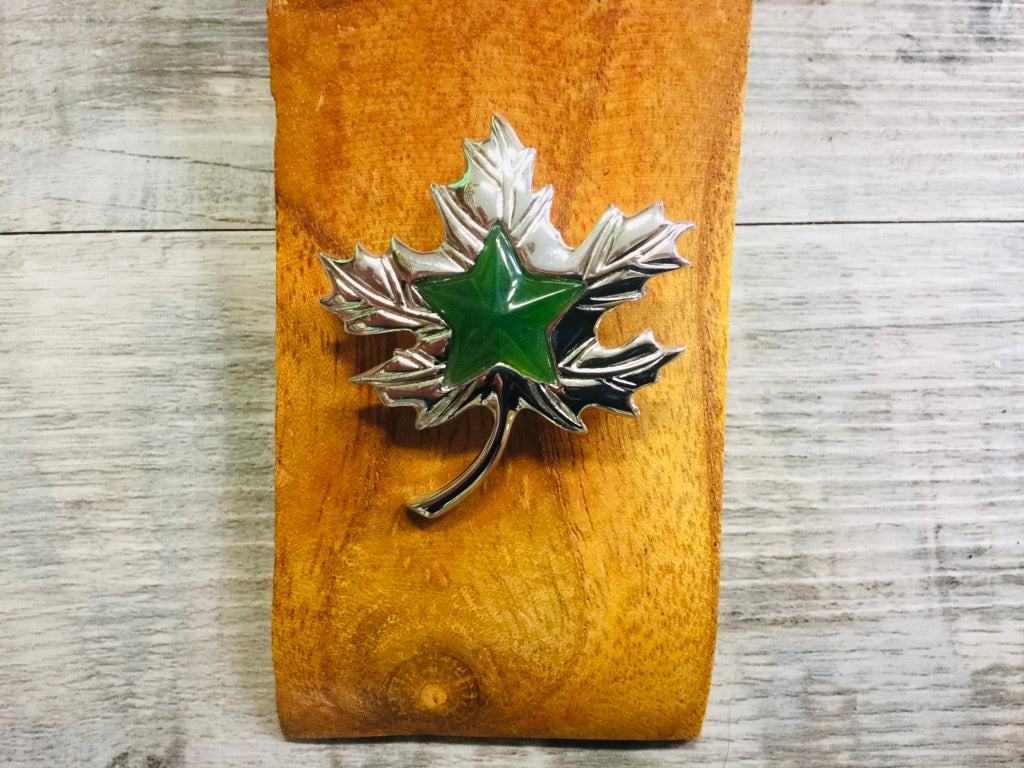 Jade Maple Leaf and Silver Brooch