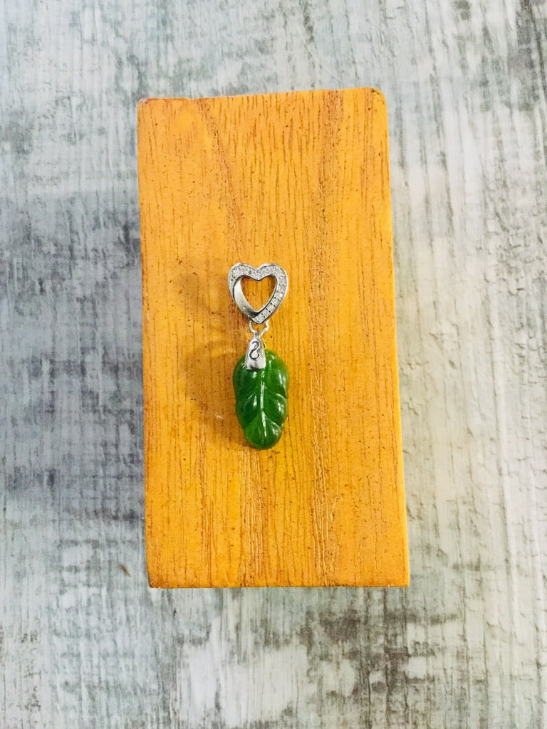 Jade Leaf and Sterling Silver Heart Pendant