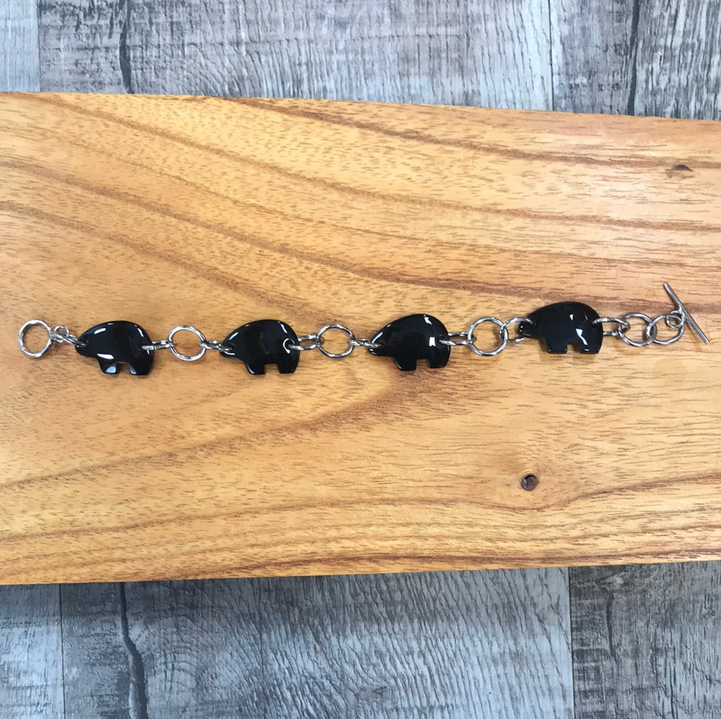 Black Jade Bear Bracelet with stainless steel links
