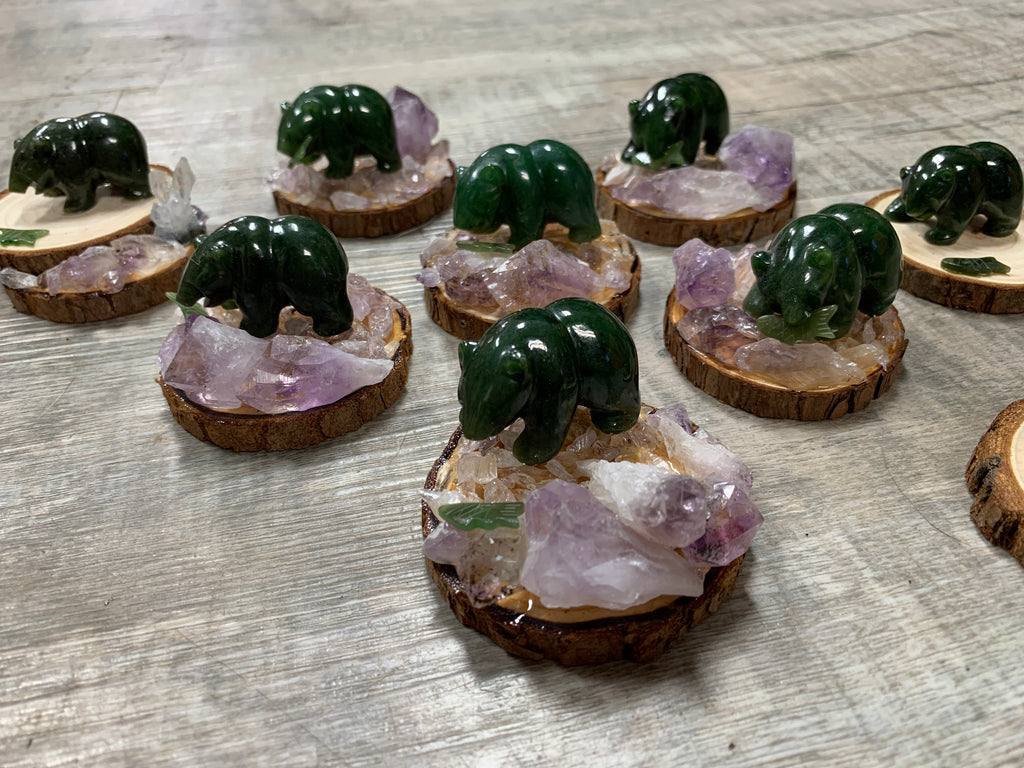 Jade bear on amethyst/wood base