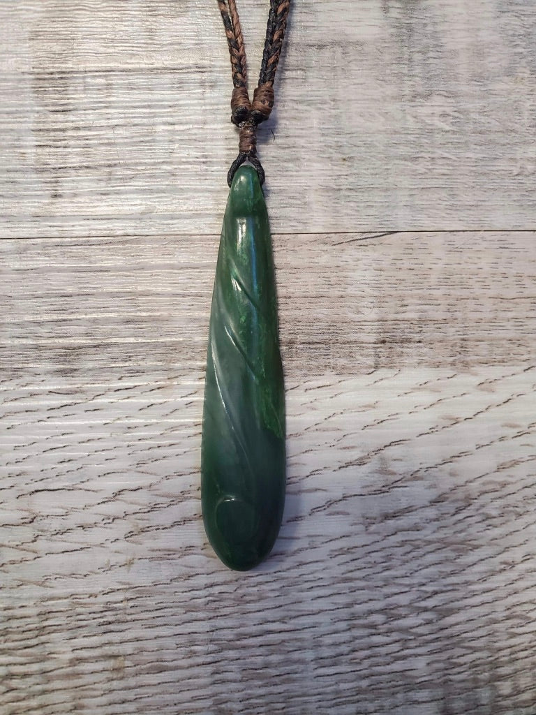 Long Thin Jade Teardrop with carving - made in Jade City